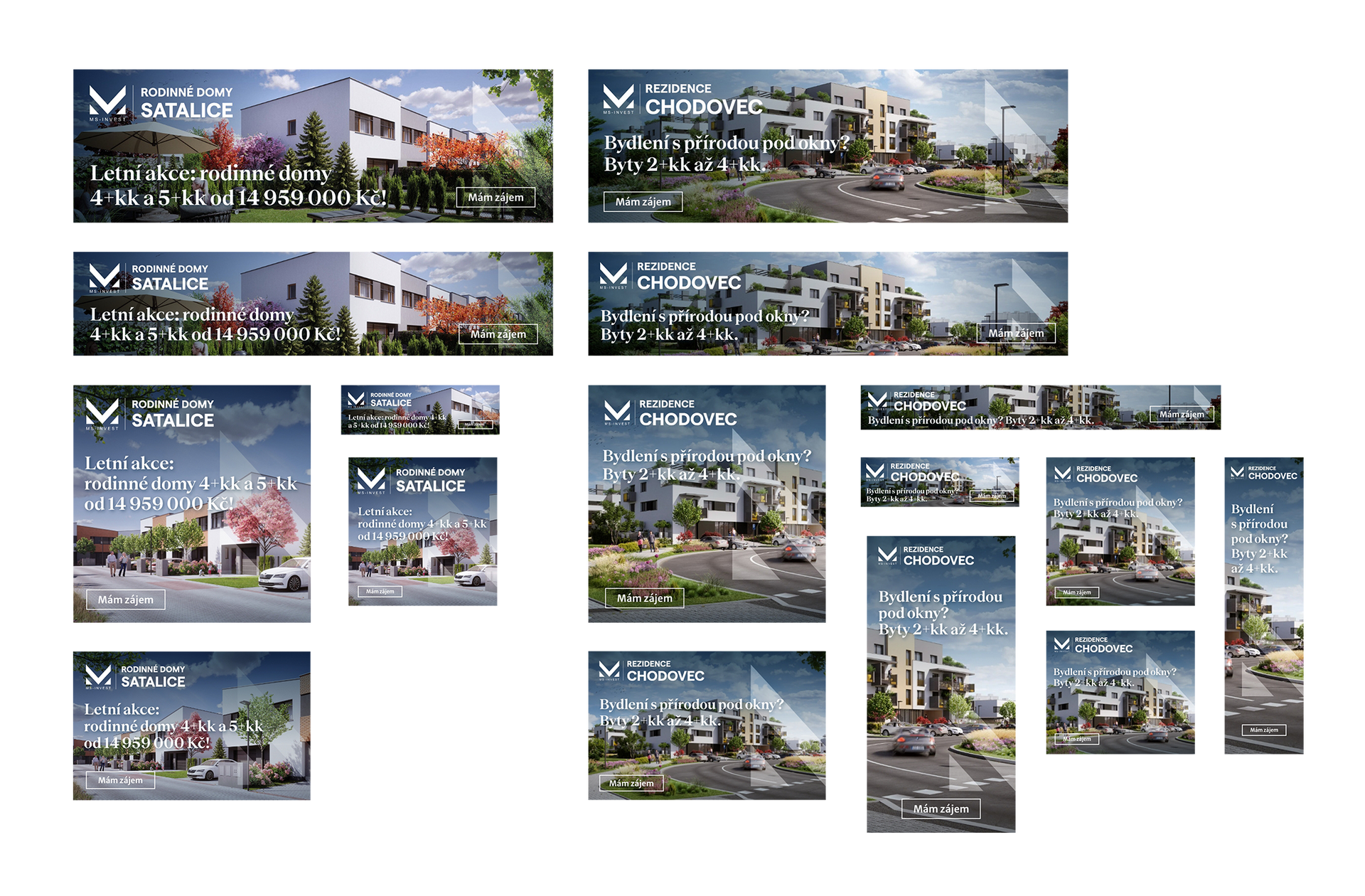 Koláž reklamních bannerů na nemovitosti zobrazujících bytové domy s modrými záhlavími a fotografiemi městské krajiny