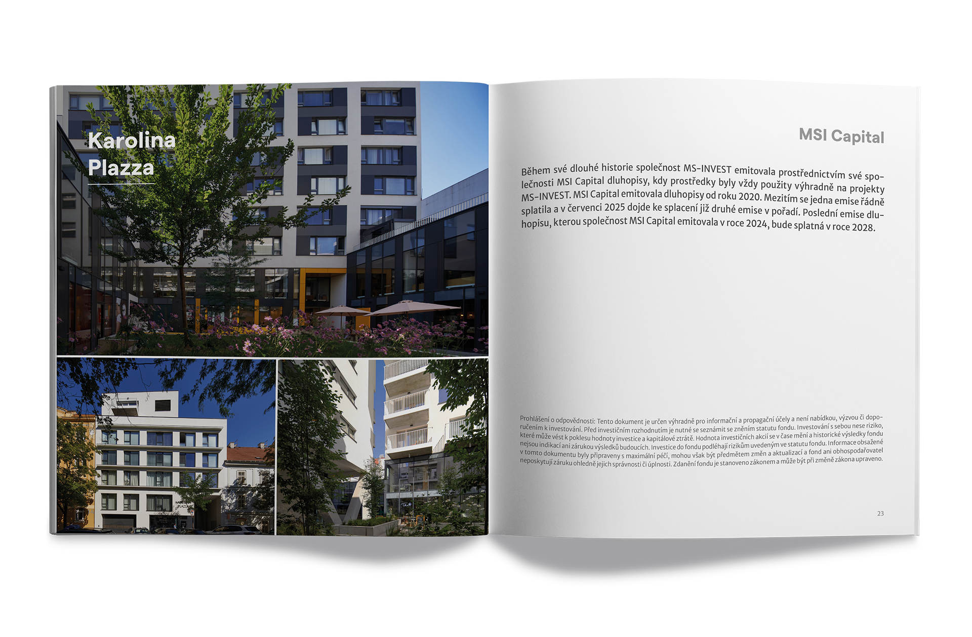 Otevřená brožura s fotografiemi bytových domů a textovou stránkou s názvem „N21 Court“