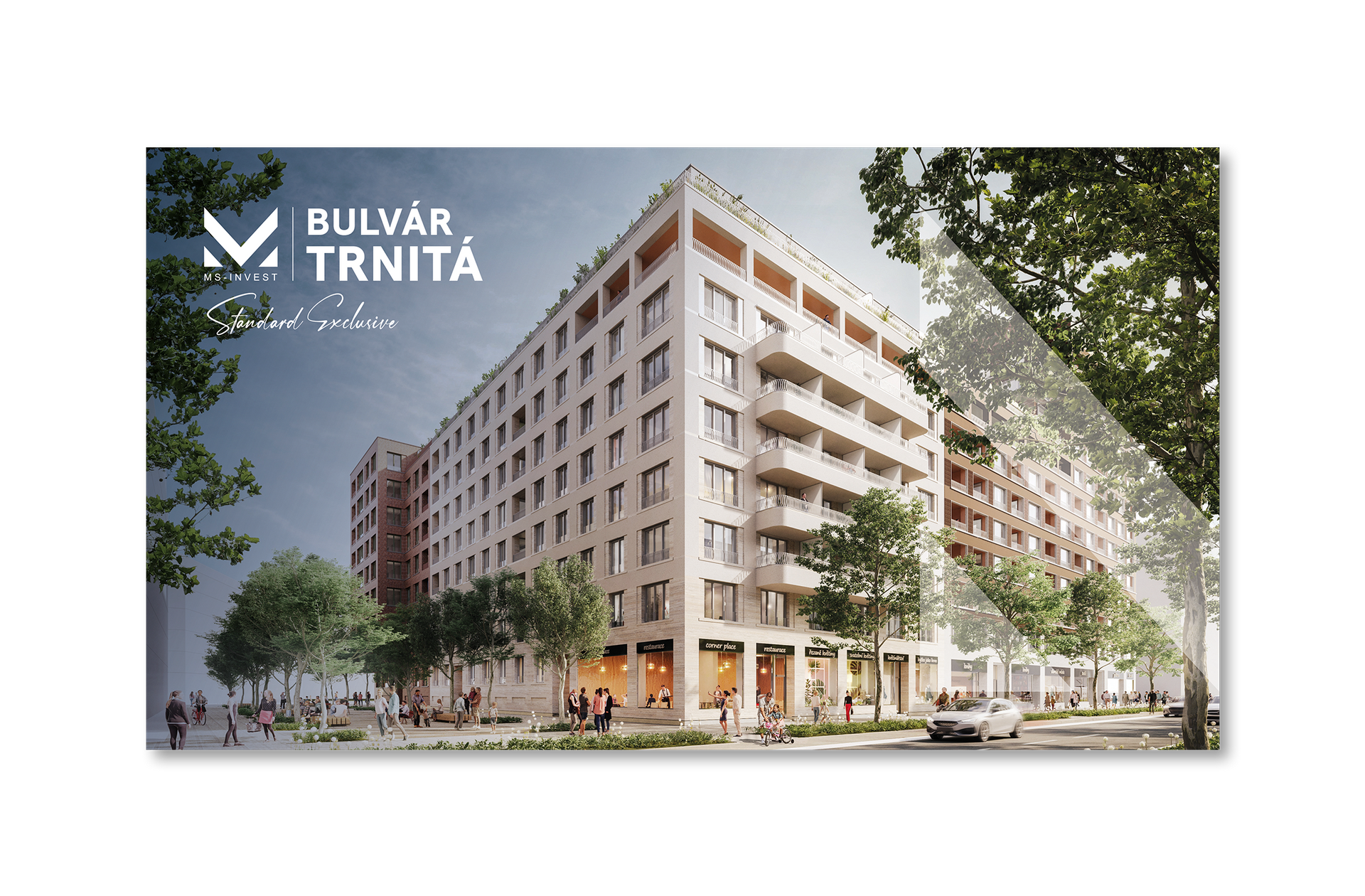 Render moderního bytového domu s balkony a stromy, označený jako „Bulvár Trnita“