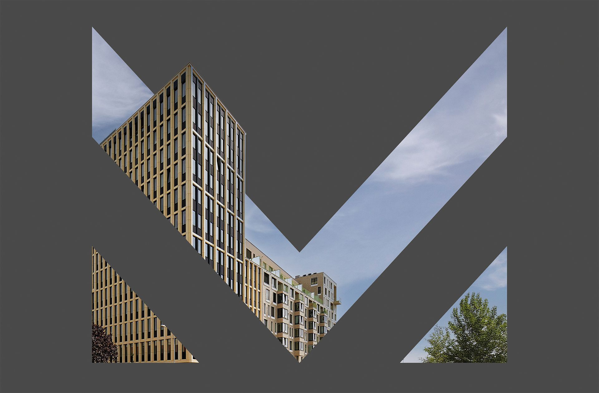 Geometrický výřez vysokých budov a stromu proti zatažené obloze