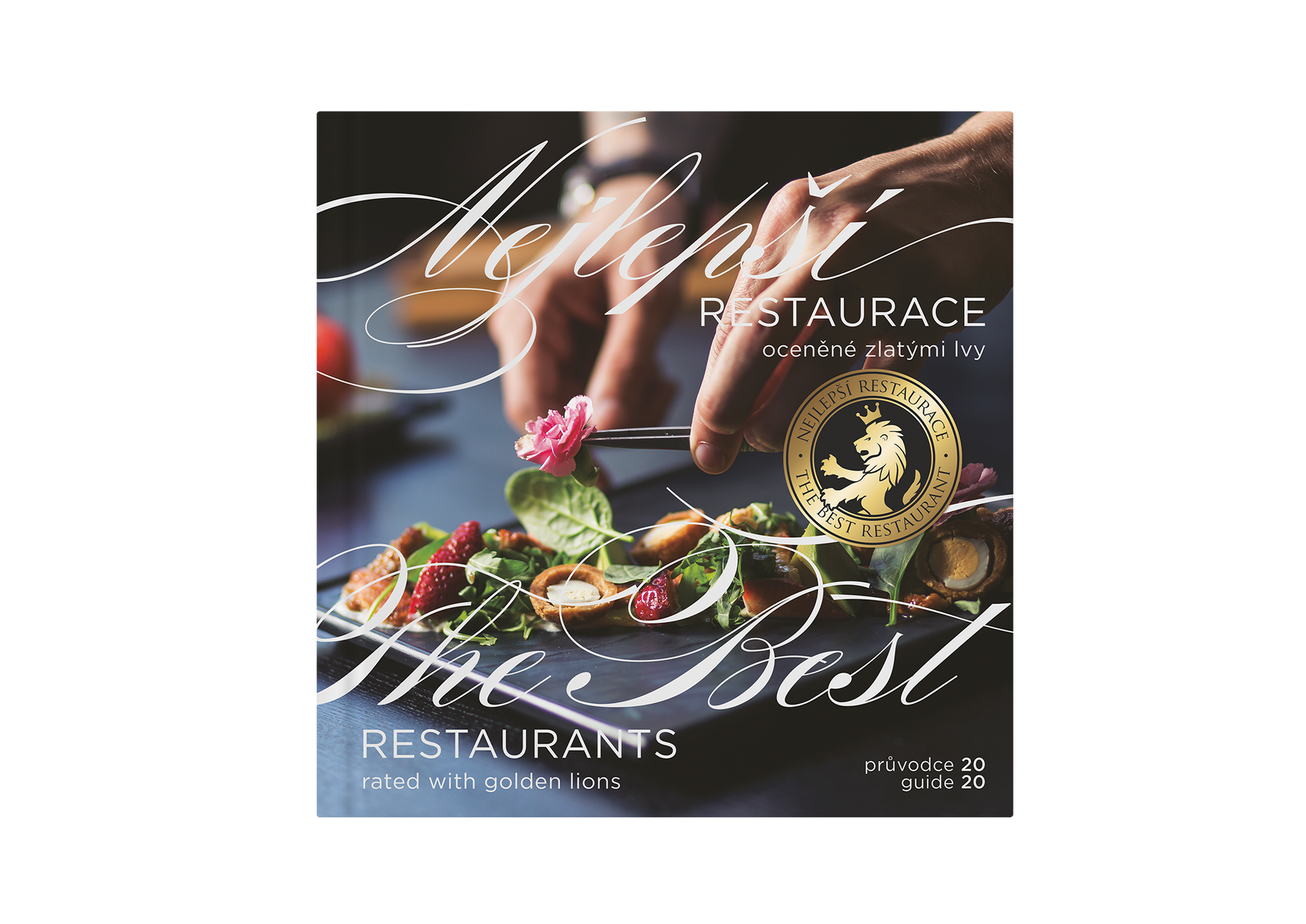 Elegantní reklamní cedule restaurace s gurmánským pokrmem na talíři, dezertem a ozdobou na ruce na tmavém pozadí