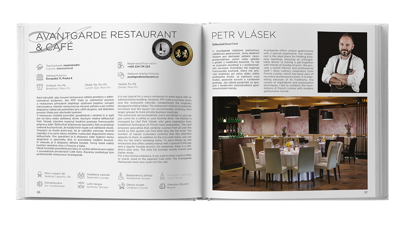Otevřená strana časopisu s textem, malým portrétem a fotografií z jídelny restaurace.