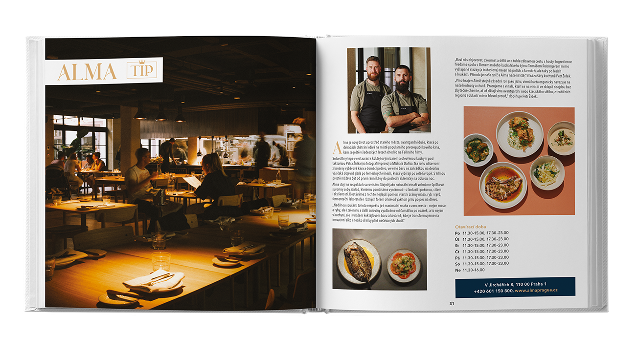 Otevřená kuchařka s fotografií jídelny restaurace a servírovanými pokrmy, textem a menšími obrázky jídel