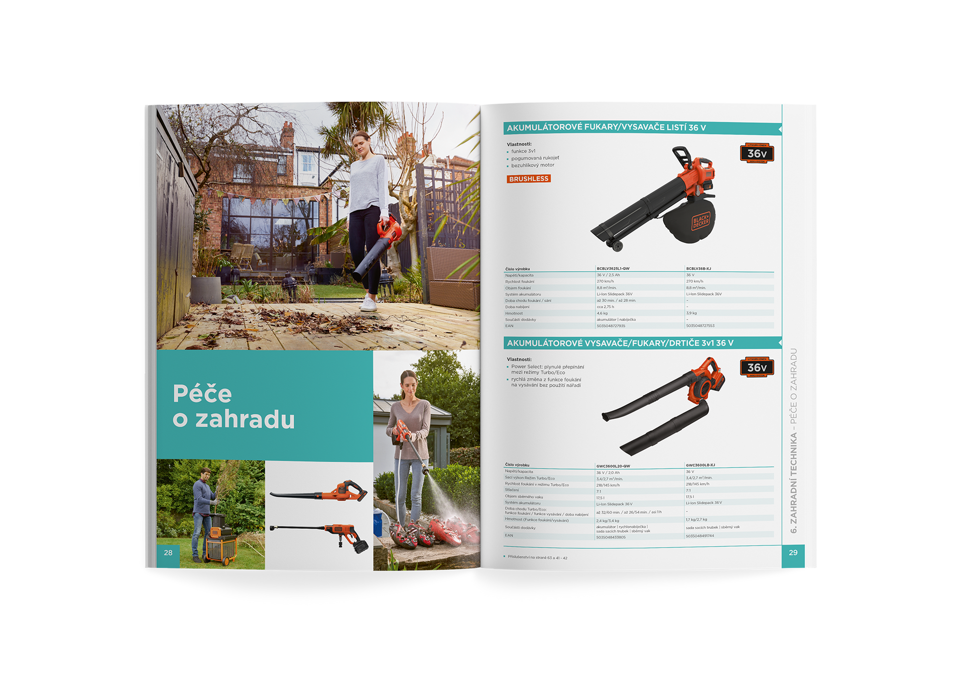 Katalog zahradního nářadí s fotografiemi prořezávacího nářadí a tyrkysovým názvem sekce „Péče o zahradu“