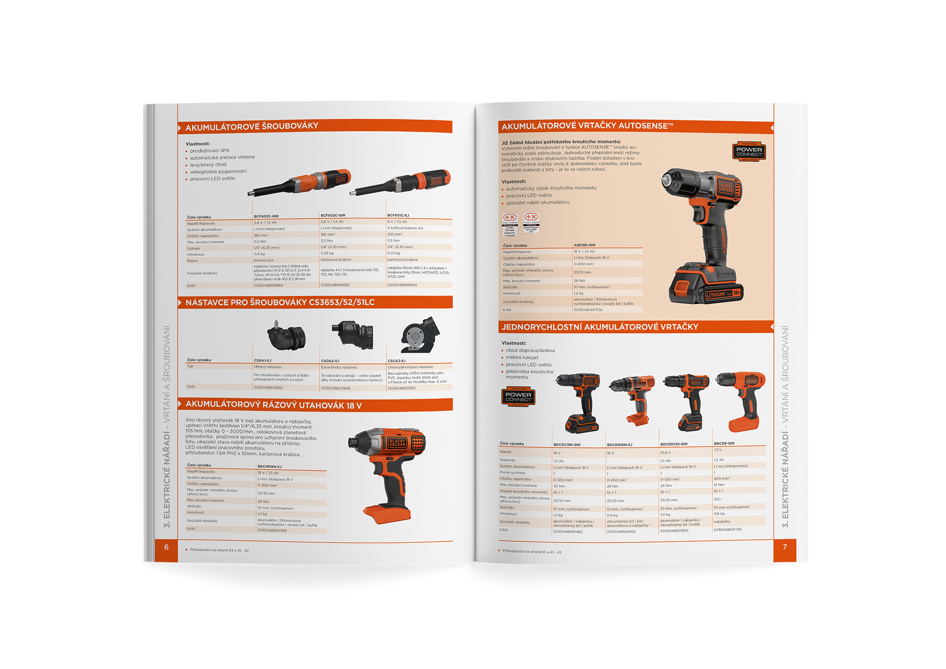 Otevřený katalog s oranžovo-černými vrtačkami a příslušenstvím k nářadí a specifikacemi produktů.
