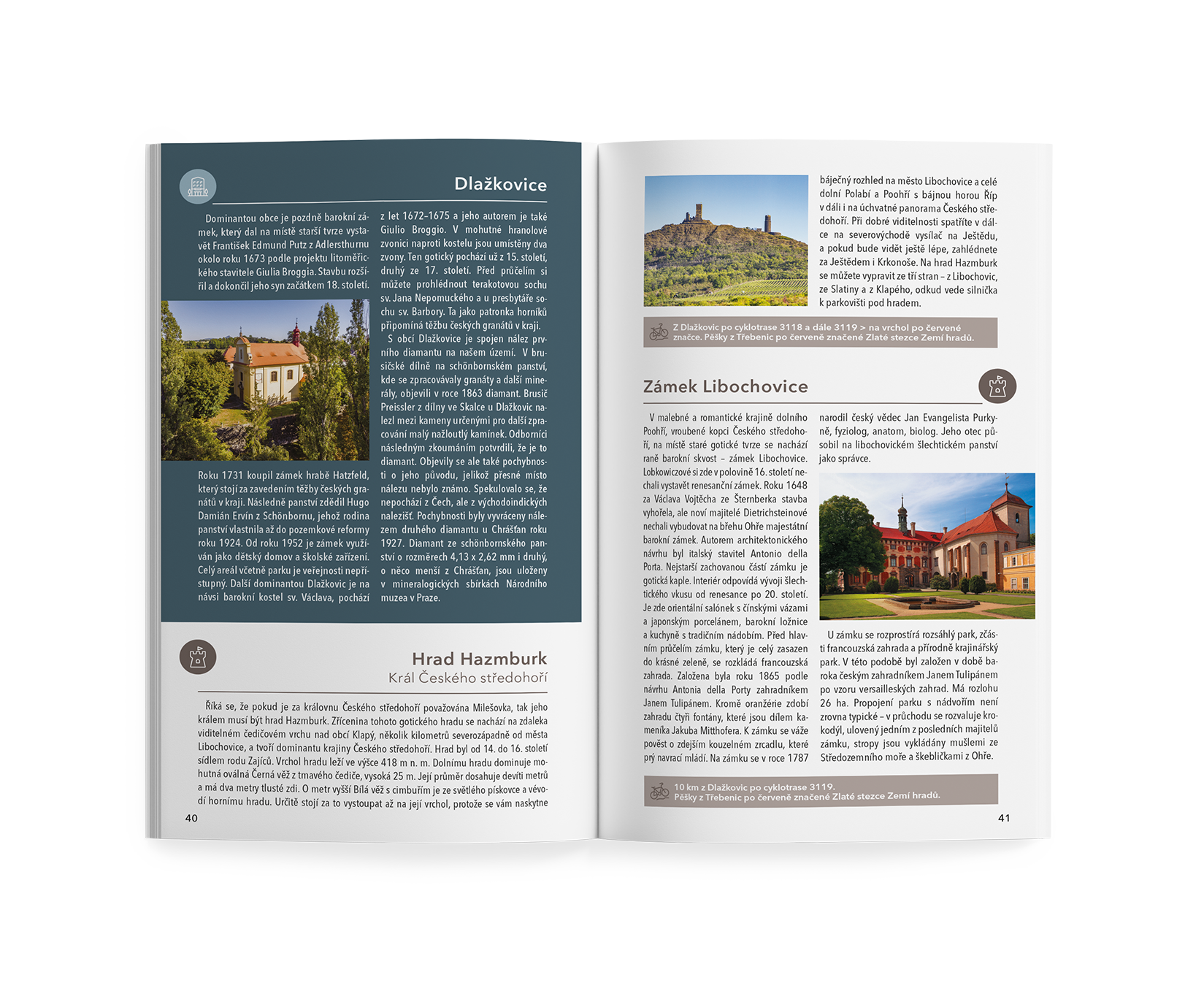 Otevřená strana časopisu s fotografiemi, textovými sloupci a nadpisy o historických budovách.