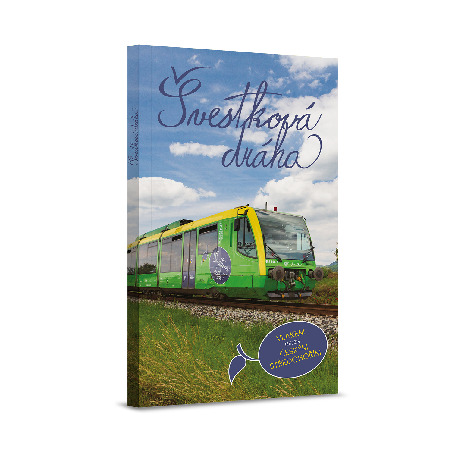 Obálka knihy s vyobrazením zelenožlutého vlaku pod modrou oblohou s názvem „Šnežkova dráha“