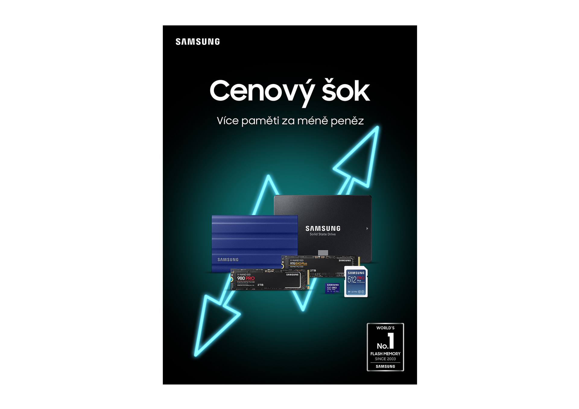 Reklamní plakát Samsung s neonově modrými šipkami, monitorem, televizí a slevovým textem „Cenový šok“ na černém pozadí