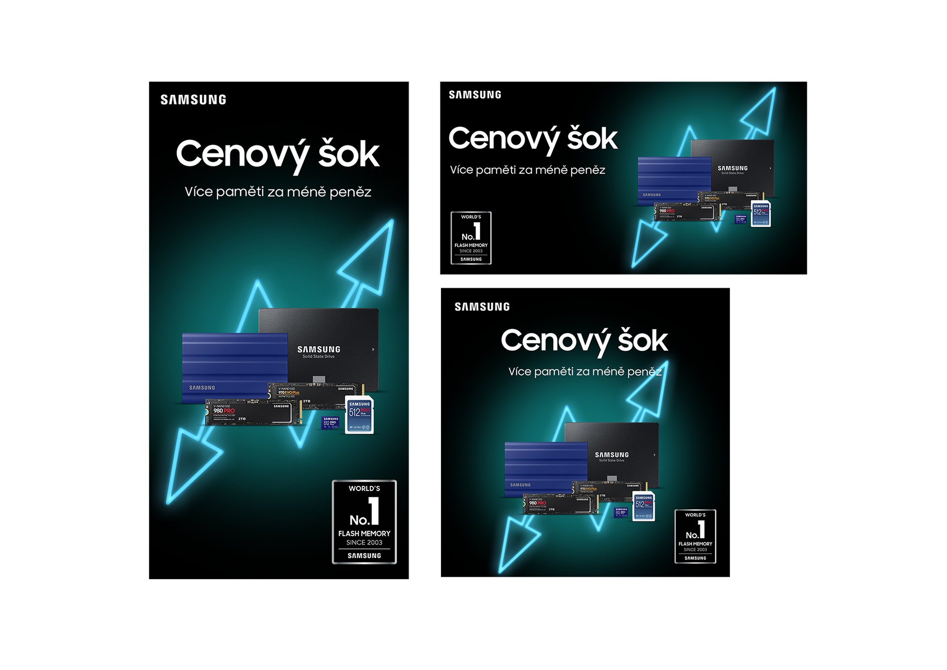 Tři reklamní plakáty „Cenový šok“ s neonově modrou grafikou na černém pozadí