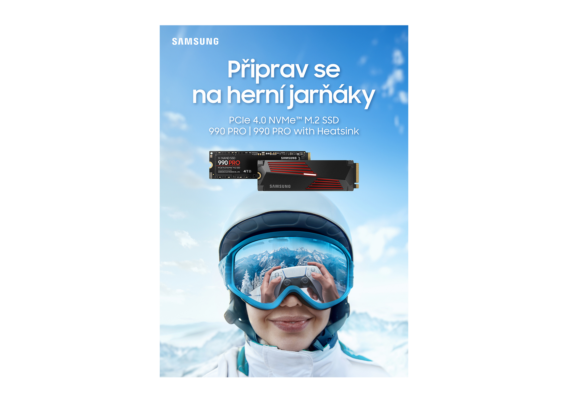 Propagandistický plakát s usmívajícím se lyžařem v brýlích a nápisem „Připrav se na herní jarní“