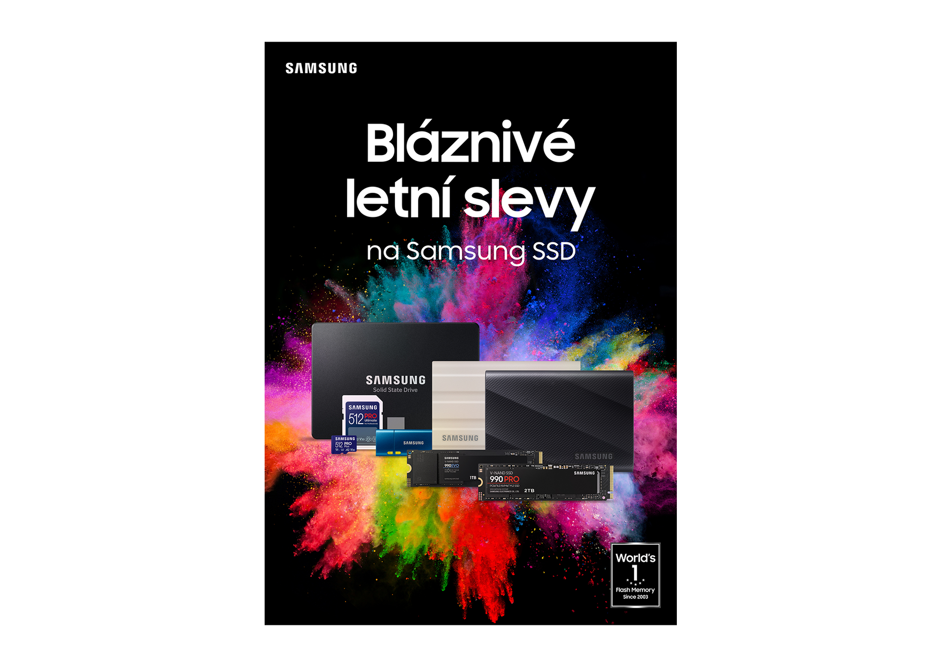Samsung SSD promo poster with black background, colorful paint burst, and Czech text “Bláznivé letní slevy”