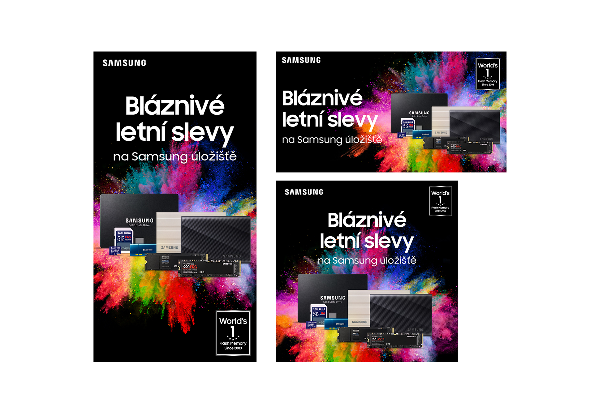 Tři černé propagační plakáty v češtině s neonovými cákanci a nákupními obrázky pro letní výprodej