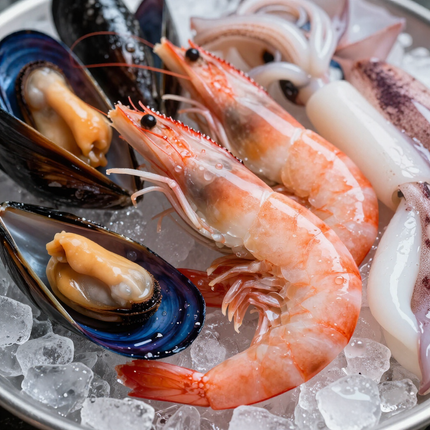 Camarones, mejillones y calamares sobre hielo picado, exhibición de mariscos frescos