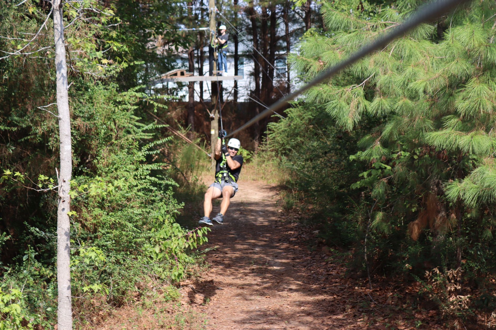 Person zip-lining through a wooded trail, suspended from a cable in a forest setting