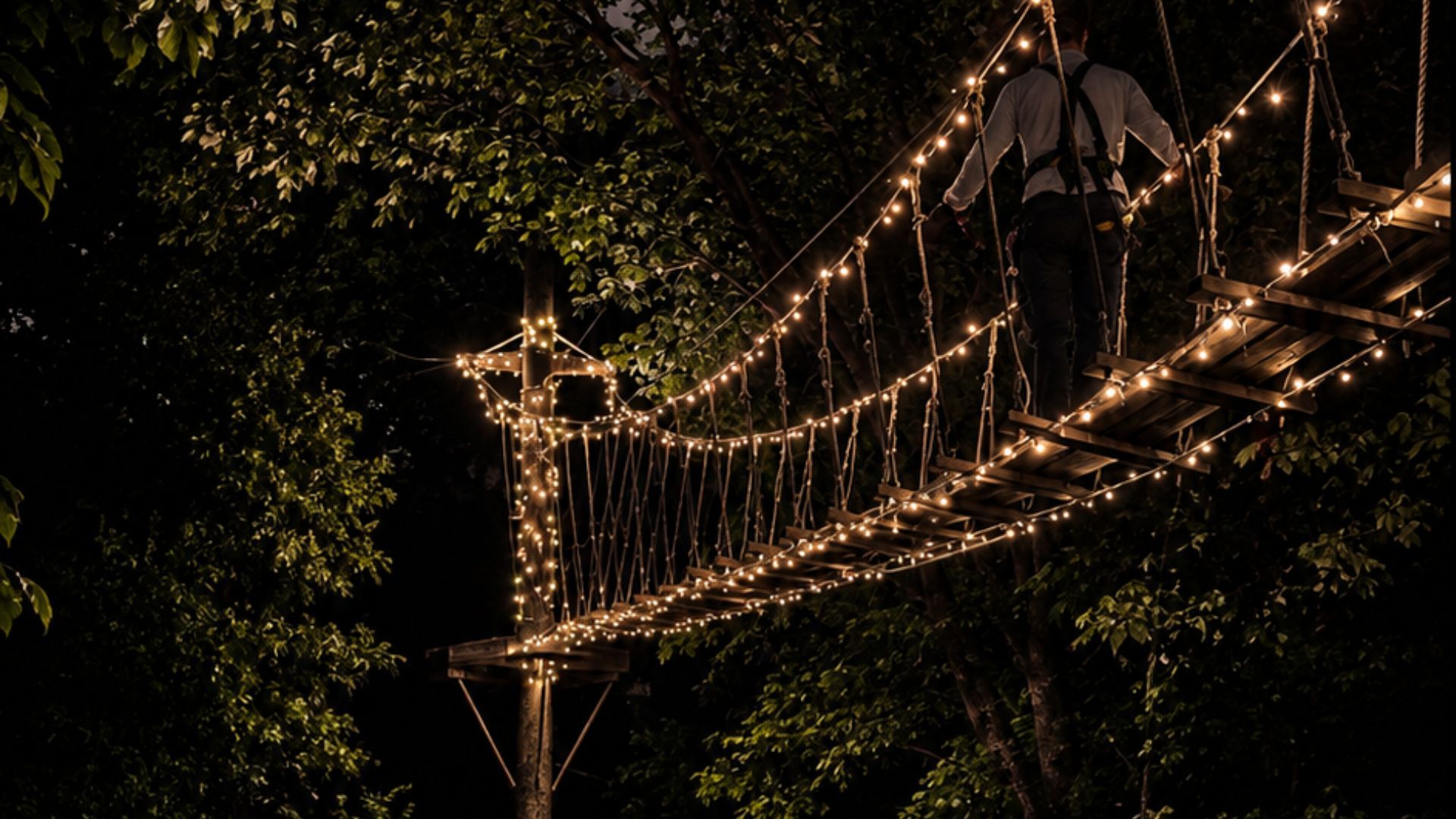 Illuminated suspension bridge lit with warm string lights at night over dark trees