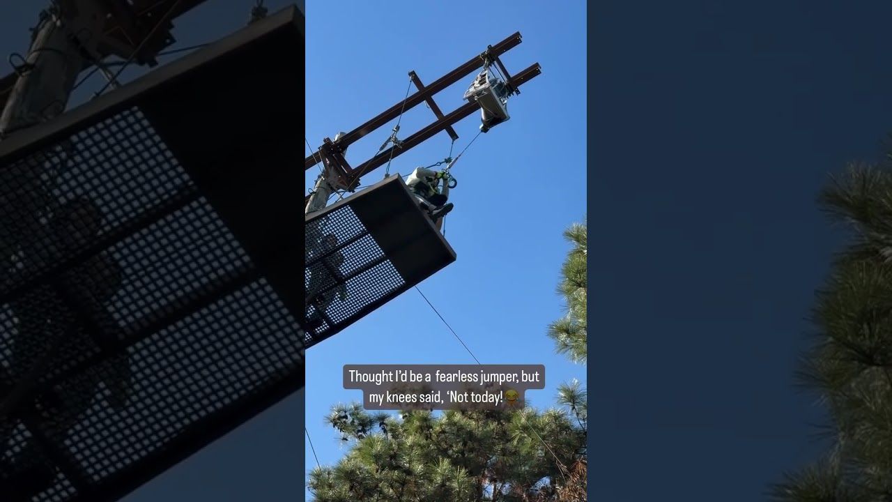 Vertical split image of a utility pole and cables against a blue sky, with trees below.