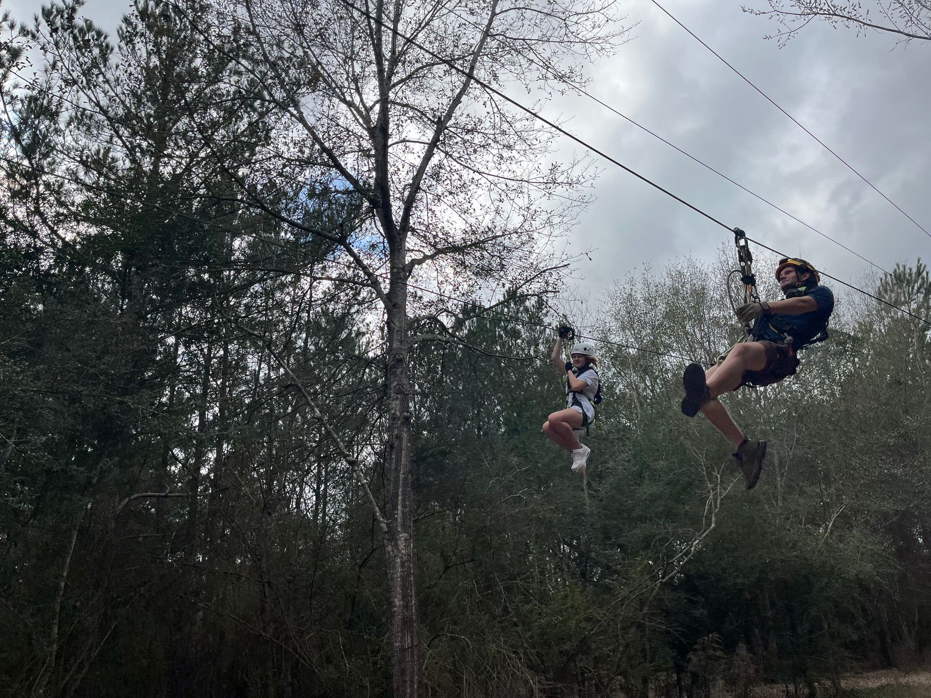 Two people zip-lining through a wooded area on a cloudy day