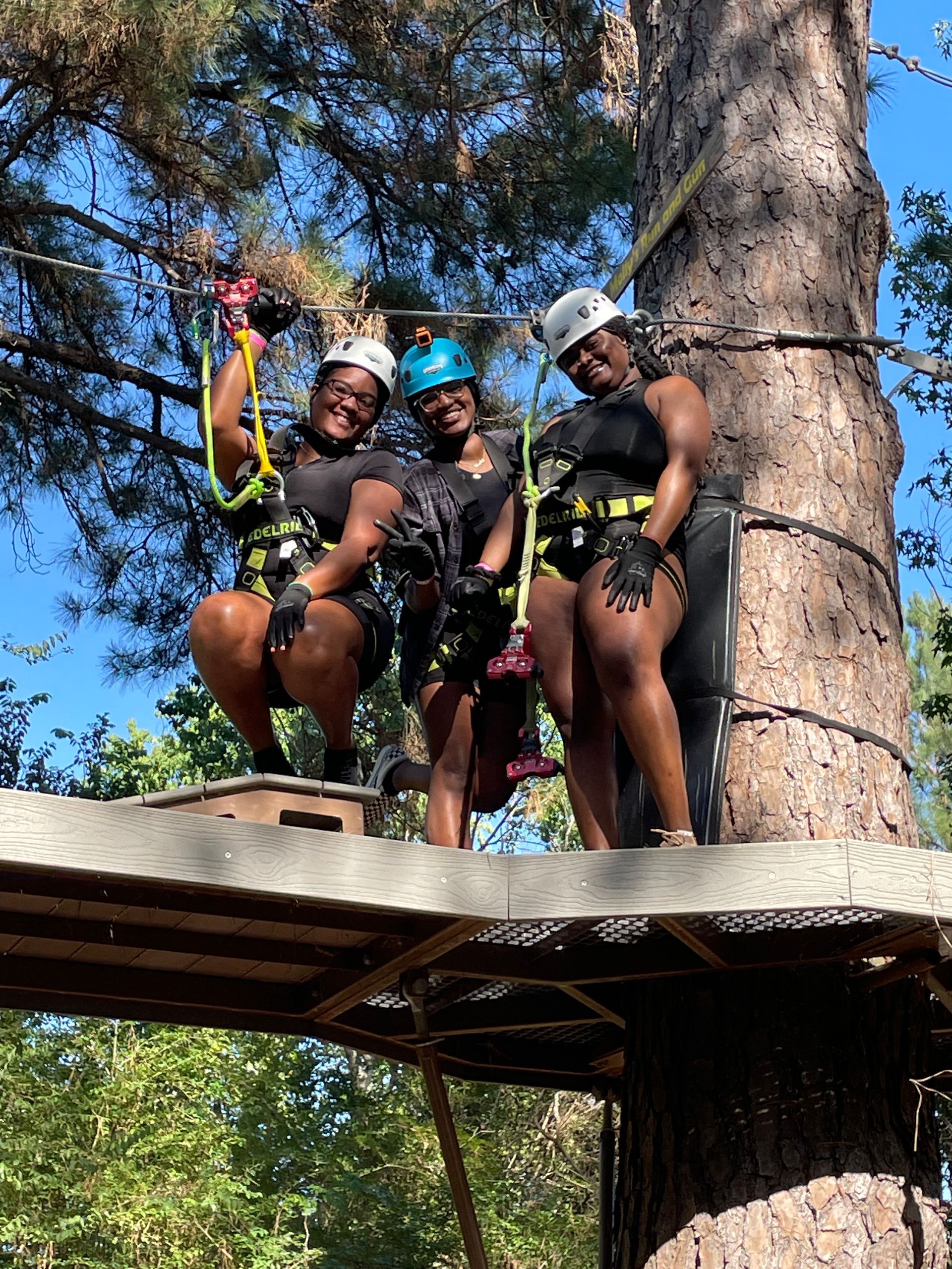 Three people on a rope platform in a tree, smiling and wearing helmets amid the forest canopy.