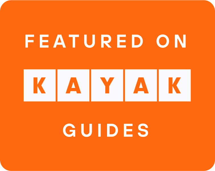 Orange “Featured on KAYAK Guides” badge with white text and KAYAK logo blocks