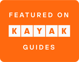 Orange “Featured on KAYAK Guides” badge with white text and KAYAK logo blocks