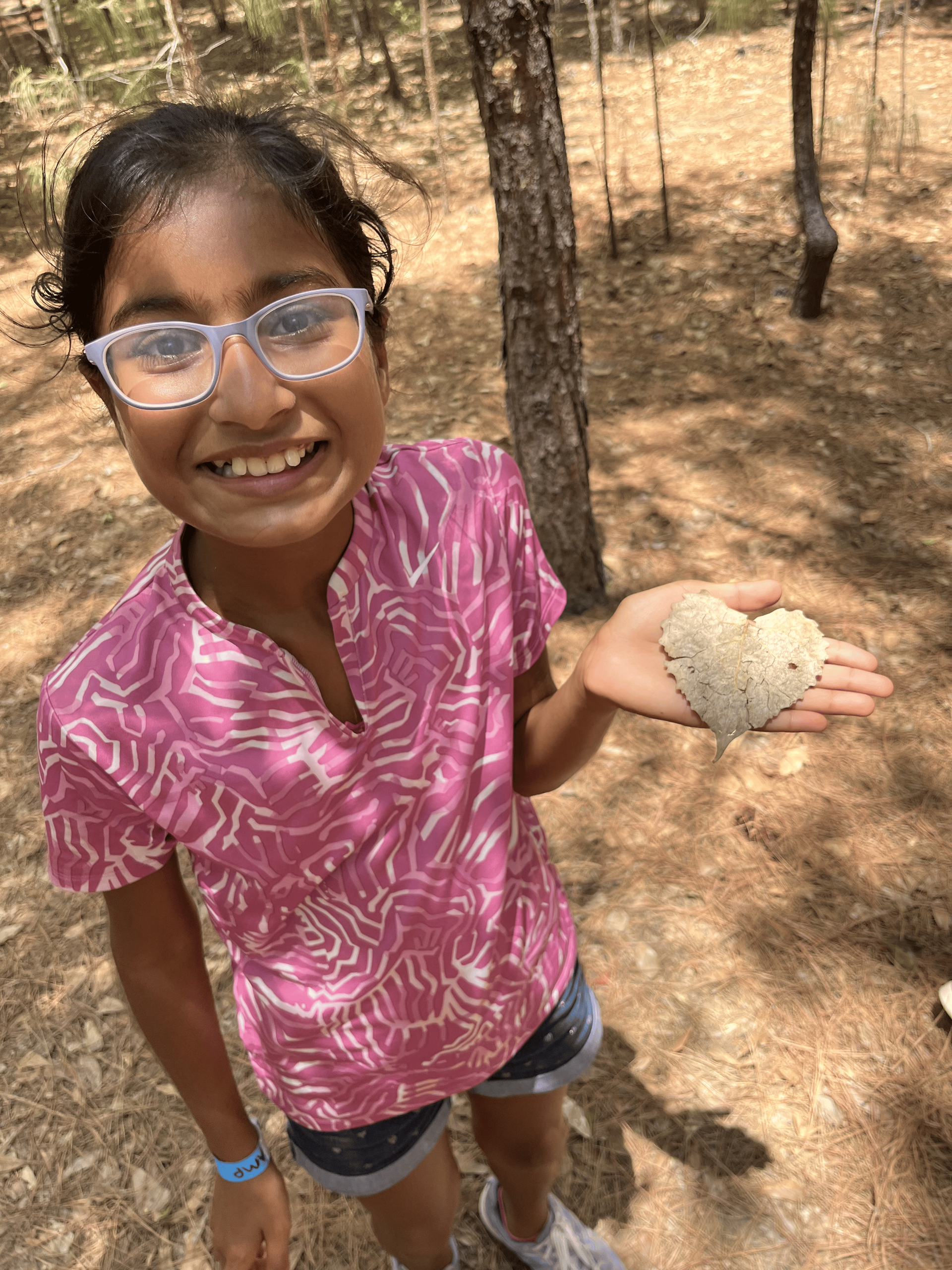 Smiling child in a pink shirt holding a small spiky fruit outdoors among trees