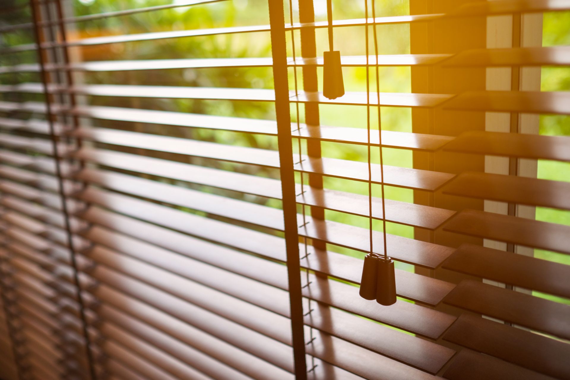 Wooden blinds with sunlight.