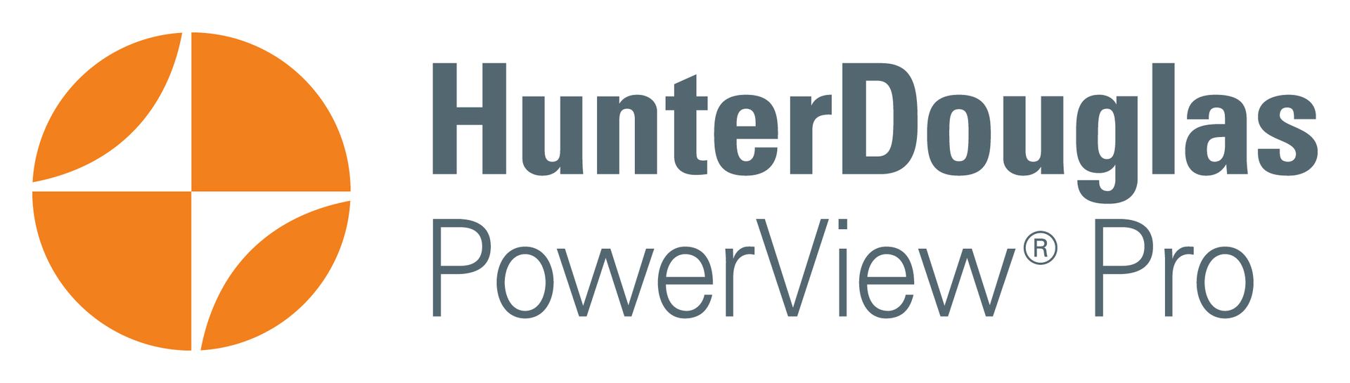 Hunter Douglas PowerView Pro logo: orange circle with four segments and dark gray text.