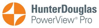 Hunter Douglas PowerView Pro logo: orange circle with four segments and dark gray text.
