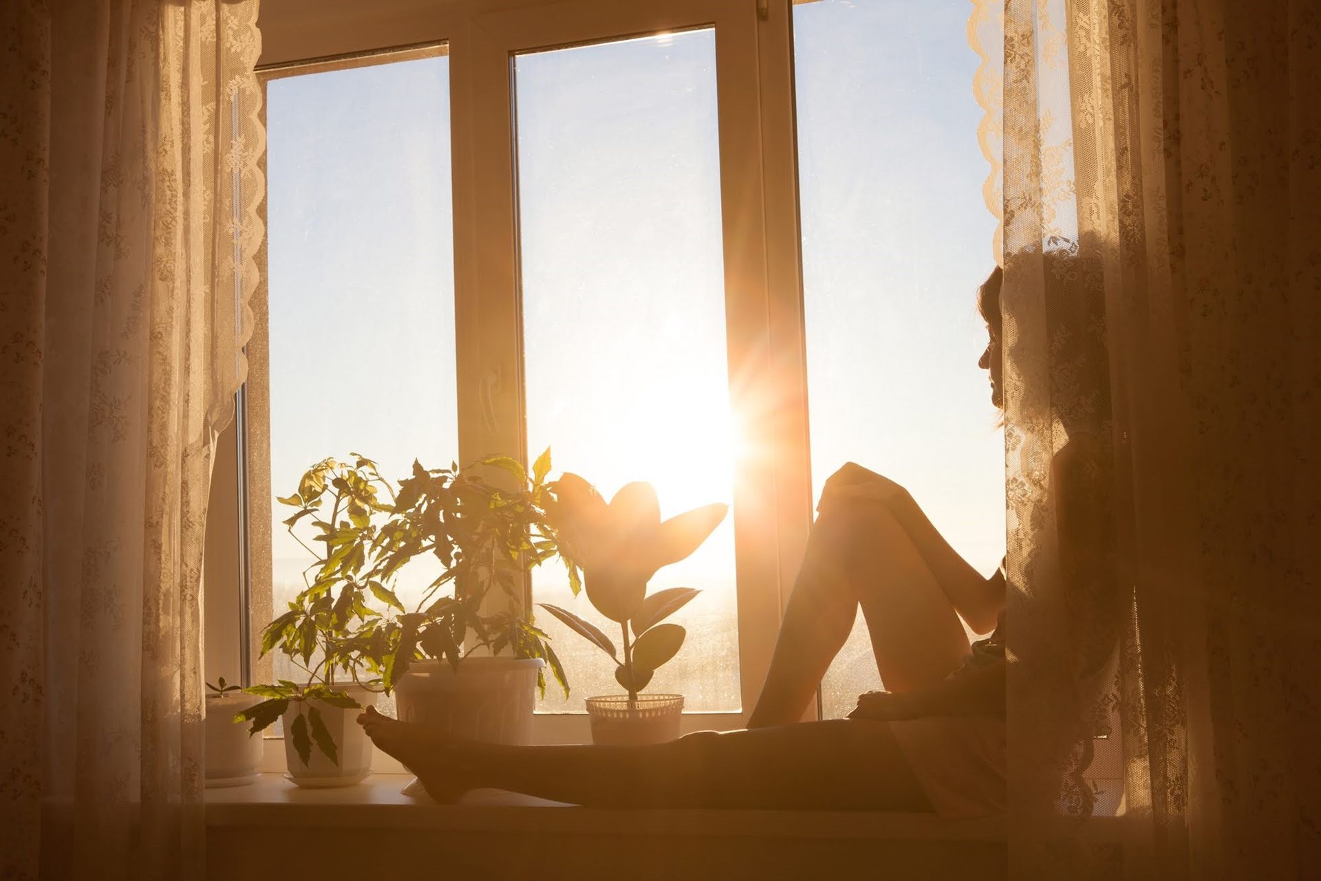 Person sitting in a sunlit window, legs extended, plants on the sill, sunlight streaming through curtains.