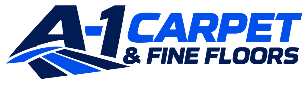 A-1 Carpet & Fine Floors logo in blue and gray with stylized floor graphic