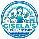 Logo for Gisela&rsquo;s Cleaning Service, with a smiling cleaner holding spray bottles and a sponge in blue and teal.