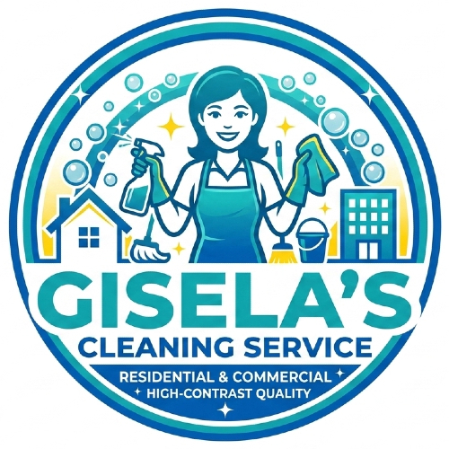 Logo for Gisela&rsquo;s Cleaning Service, with a smiling cleaner holding spray bottles and a sponge in blue and teal.