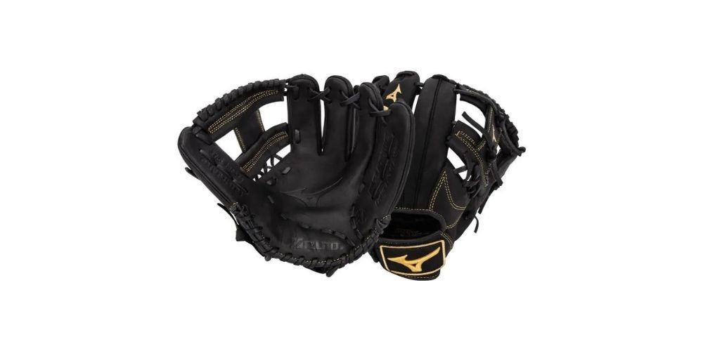 A pair of black baseball gloves on a white background.