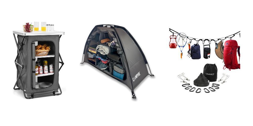 A picture of a tent , a shelf , and a lantern.