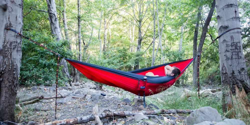 A person is sleeping in a red hammock in the woods.