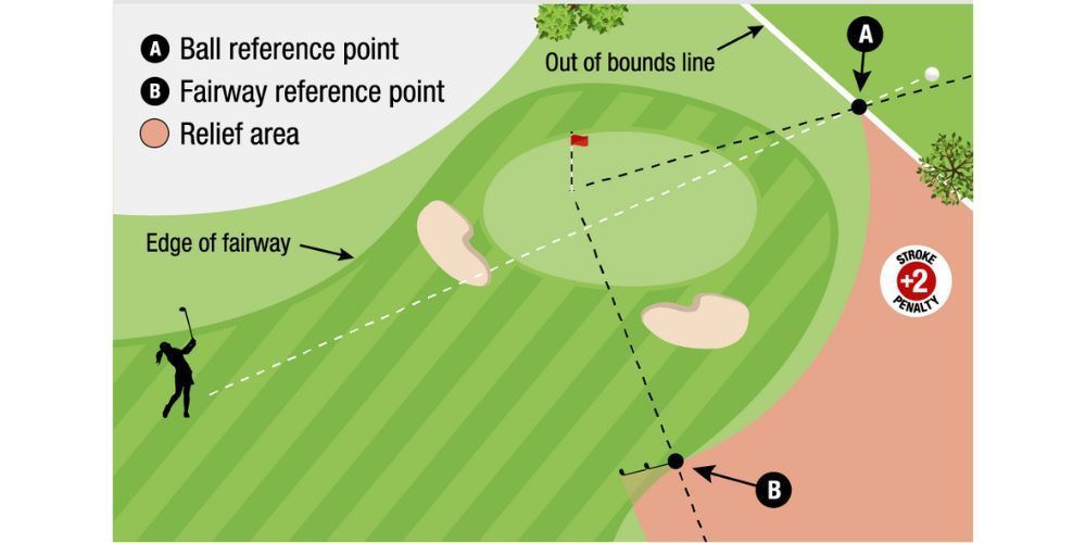 A diagram of a golf course showing the ball reference point