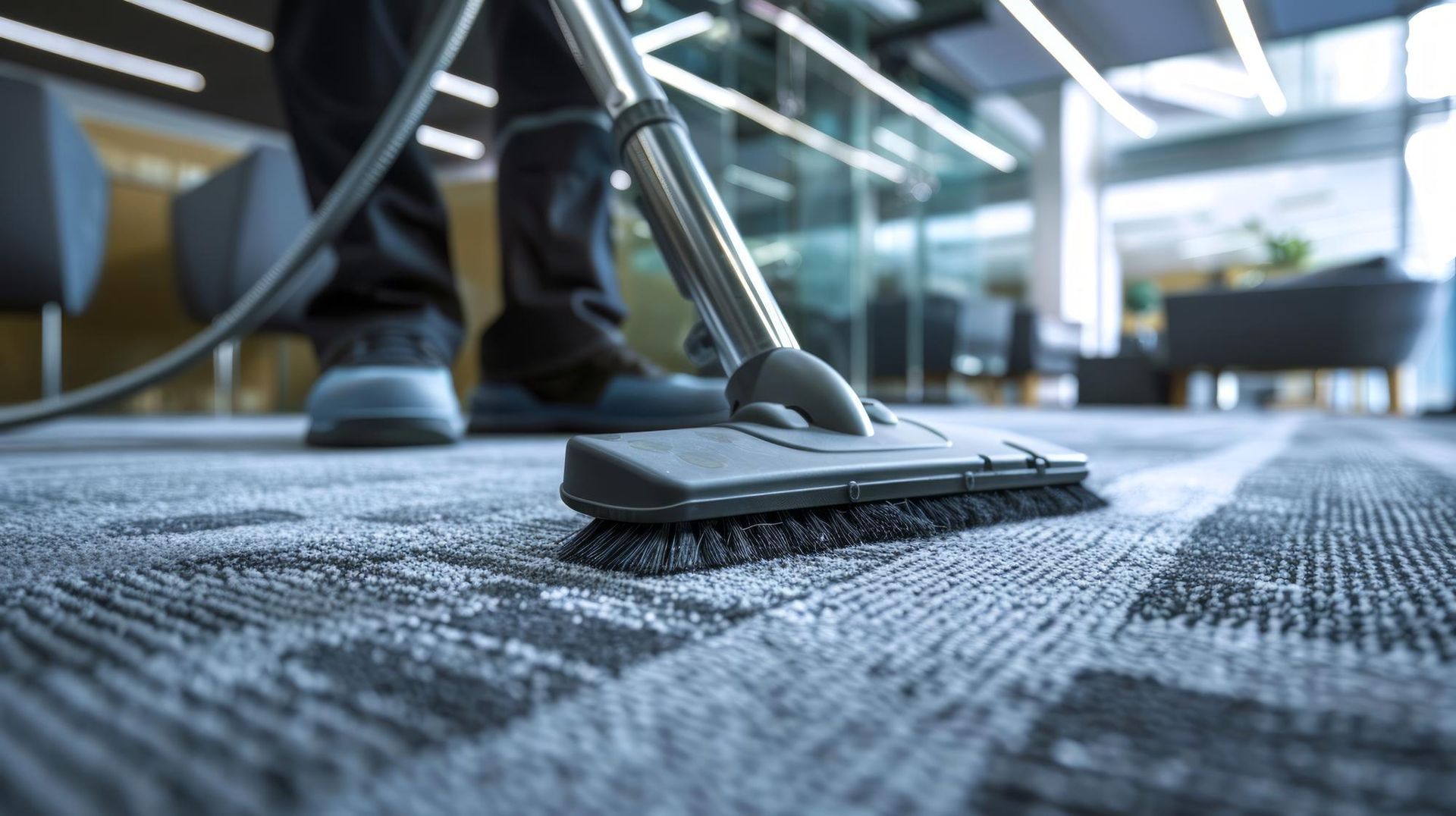 A person is using a vacuum cleaner to clean a carpet in an office.