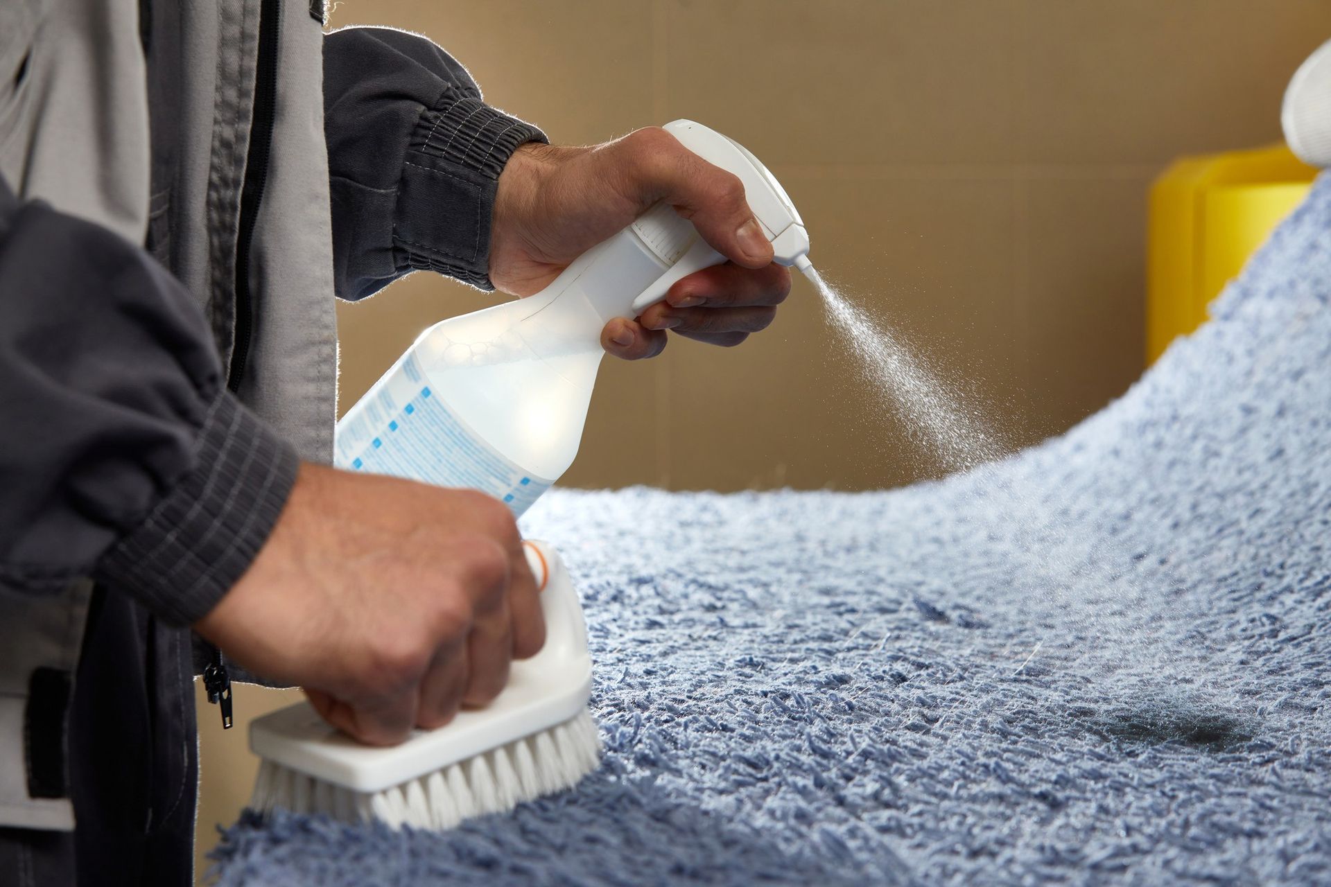A person is cleaning a carpet with a brush and spray bottle