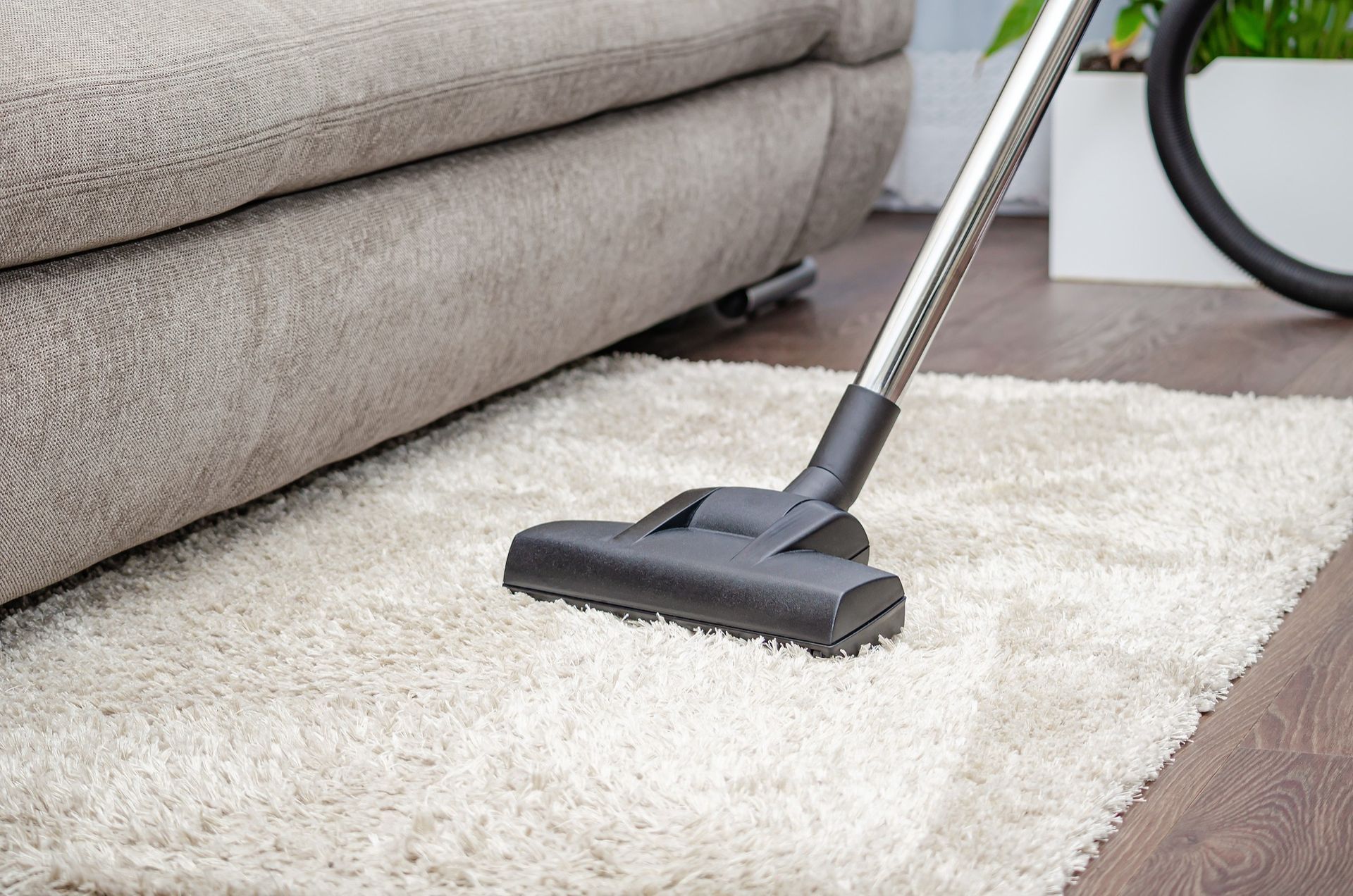 A woman is cleaning a living room with a vacuum cleaner.