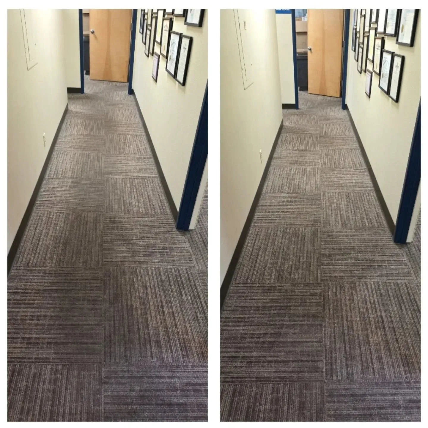 Side-by-side hallway carpet comparison with framed pictures on the wall and a door at the end.