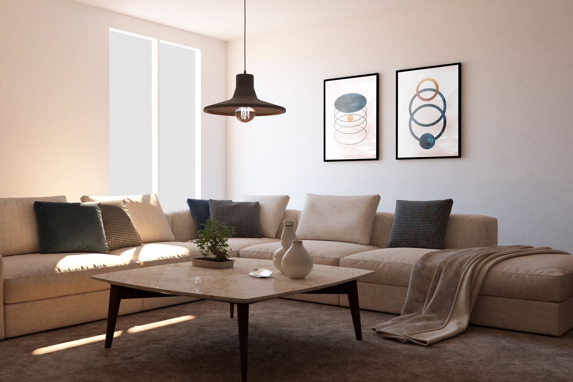 Beige sectional sofa in a living room with a coffee table, art, and a hanging light.