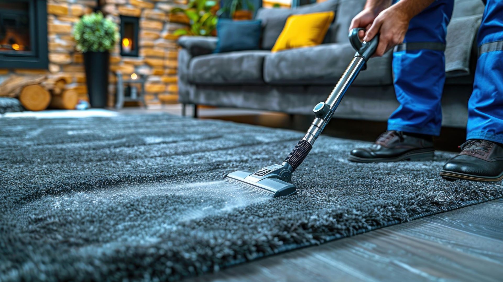 A woman is cleaning a living room with a vacuum cleaner.