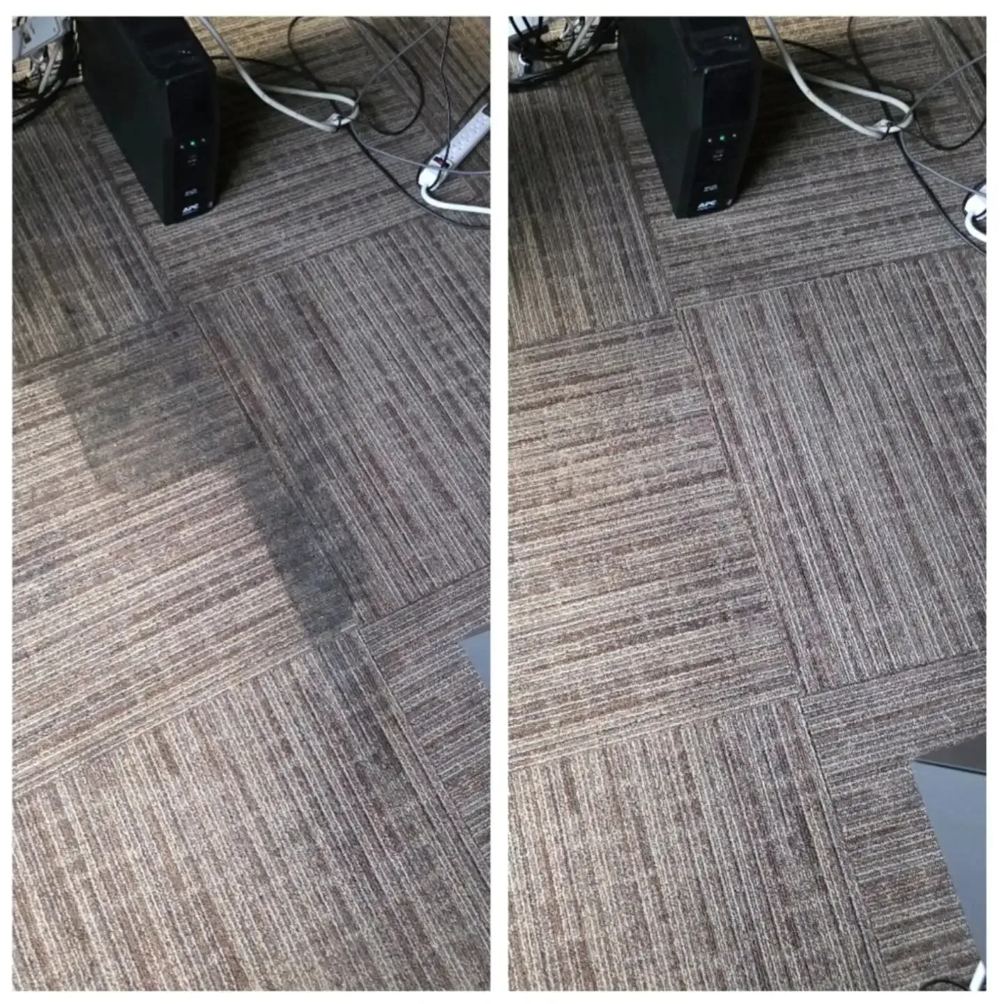 Carpeted office floor beside a black computer tower and white cables. Carpeted office floor beside a black computer tower and white cables.