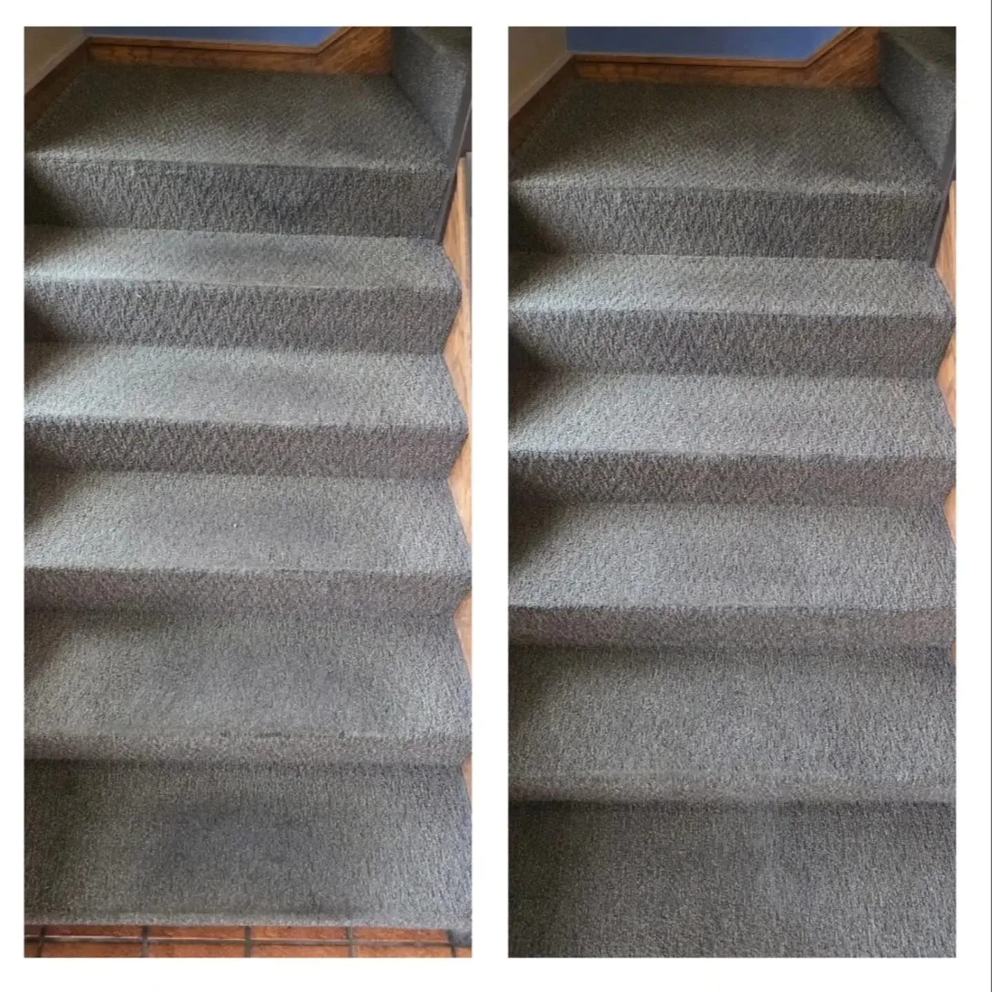 Carpeted staircase before-and-after view, showing cleaned gray steps and a darker landing. Carpeted staircase before-and-after view, showing cleaned gray steps and a darker landing.