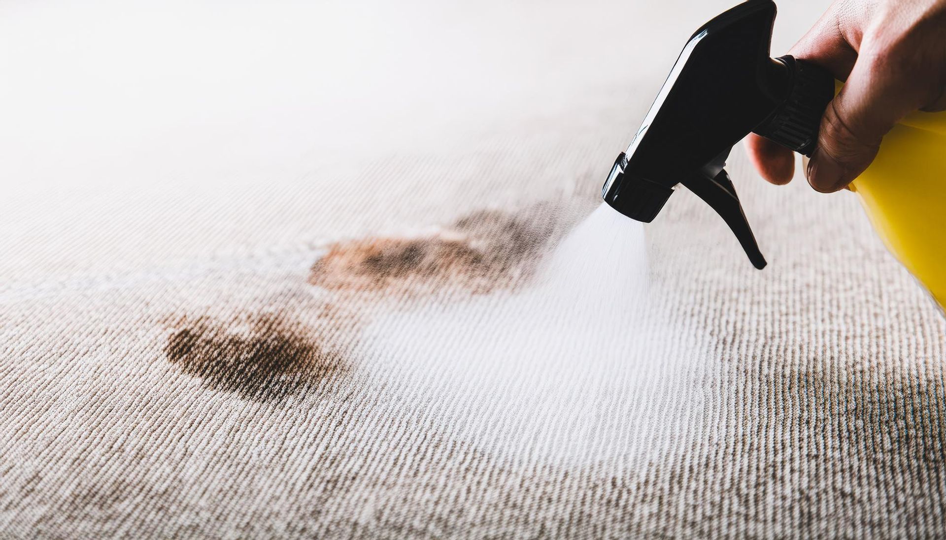 A person is spraying a carpet with a spray bottle.