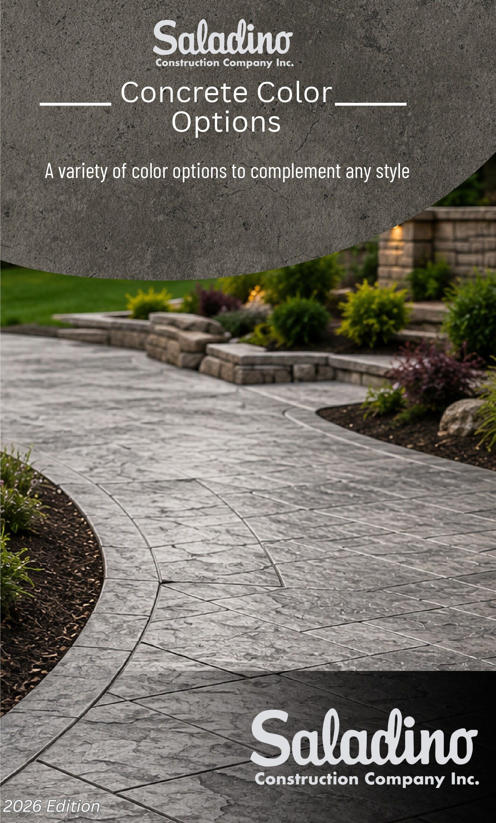 Saladino concrete color options ad showing a curved gray stamped concrete walkway and landscaped garden path