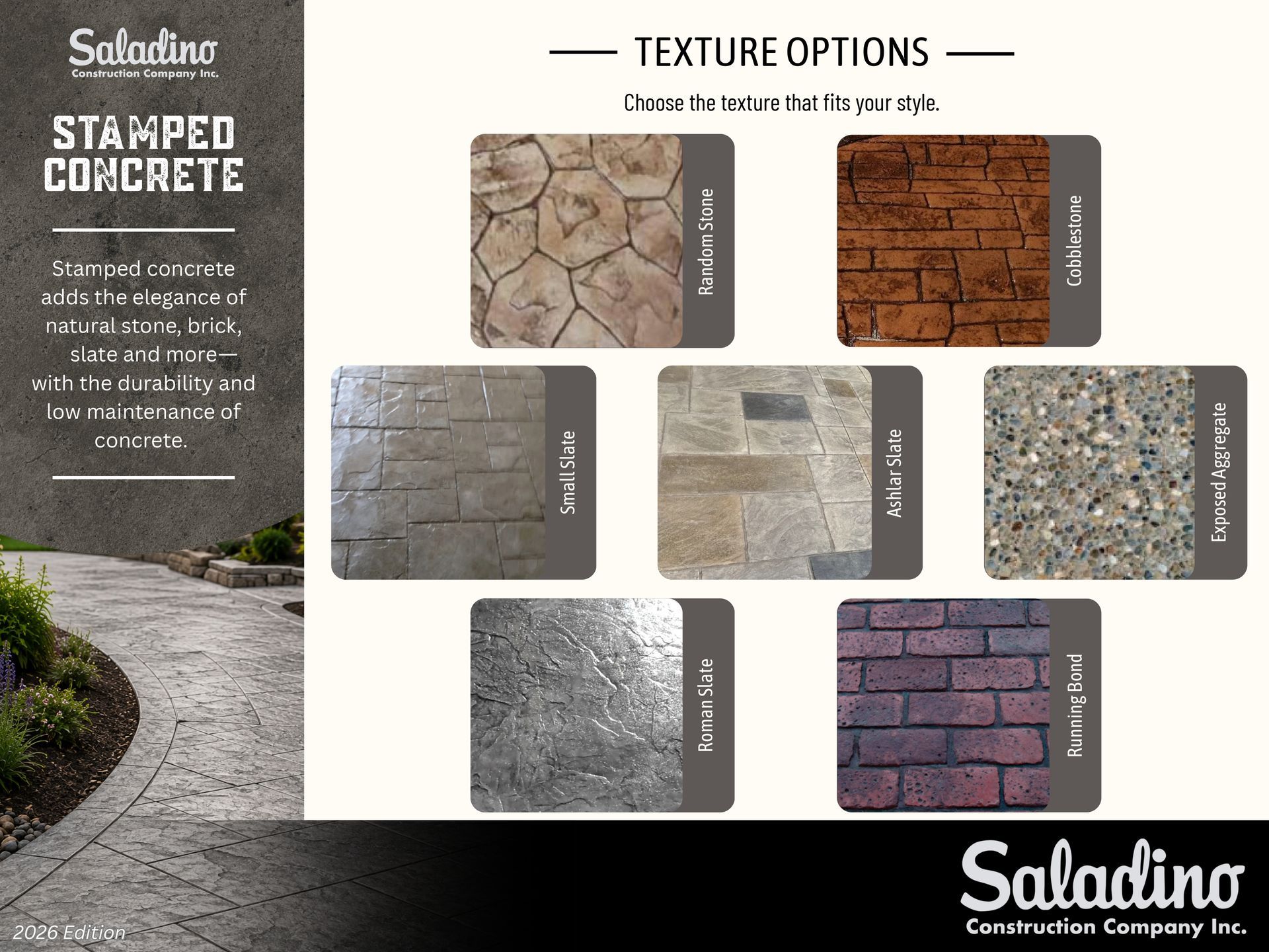 Stacked concrete texture options brochure with multiple sample finishes and a walkway image