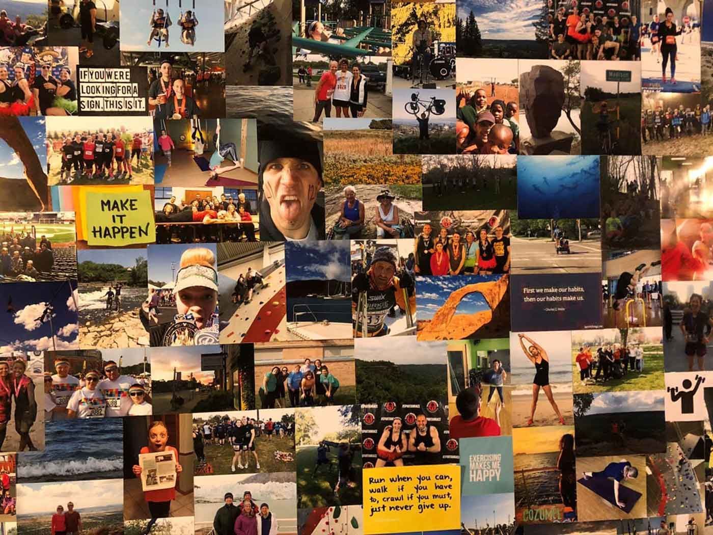 Collage of photos featuring people, landscapes, and inspirational notes. Varied colors and settings.