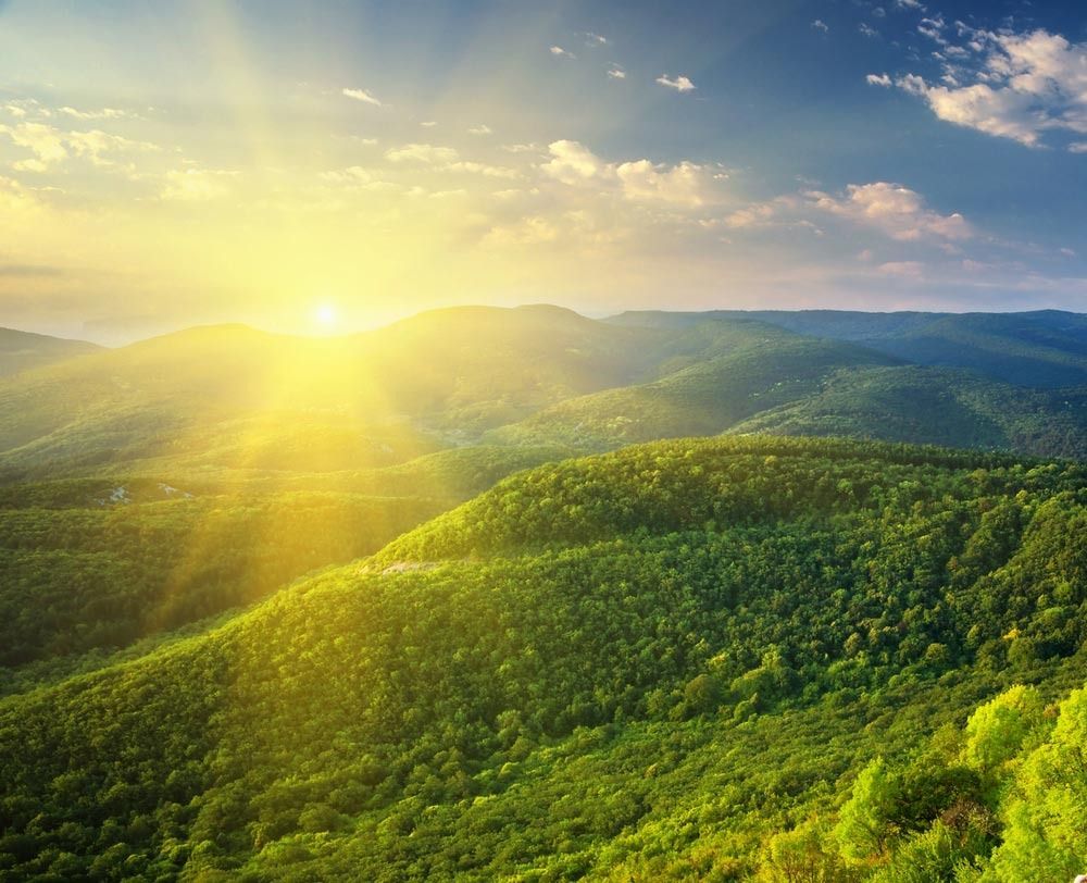Bright sun shining over green, forested hills.