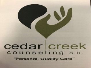 Logo for Cedar Creek Counseling. Features a hand in olive green cradling a black heart. Text: 
